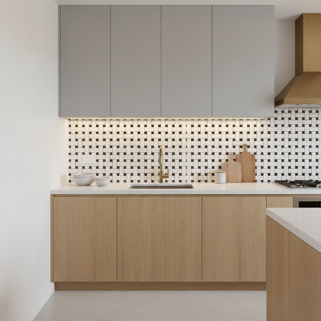 BASKET WEAVE DOLOMITE + PEARL BLACK POLISHED 1 X 2 X 3/8" - Finished